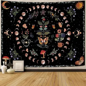 Vintage Boho Floral Moon Tapestry Orange Butterfly Flower Plant Tapestries for Bedroom Aesthetic Nature Mandala Bohemian Botanical Tapestry Wall Hanging for Living Room Dorm Decor Landscape Retro Swiss