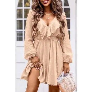 Khaki Textured Ruffled V Neck High Waist Mini Dress
