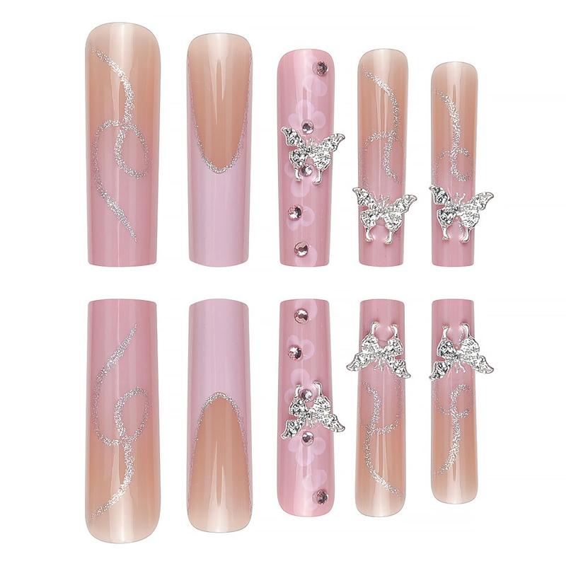 24PCS Long Square Press-On Nails Pink French Tip with Silver Rhinestones Flower Butterfly Charms Full-Cover Acrylic False Nails for DIY Manicure Easter Birthday Gift Set 24PCS Long Square Press-On Nails Pink French Tip with Silver Rhinestones Flower Butterfly Charms Full-Cover Acrylic False Nails for DIY Manicure Easter Birthday Gift Set
