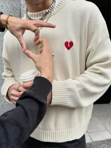 Men's Fall Winter Round Neck Winter Warm Pullover Sweater, Casual Style, Pure Color Heartbreak Pattern Design, Comfortable Fabric, Suitable for Multiple Occasions,Unisex 26146