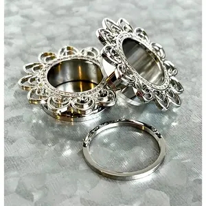 PAIR of Unique Heart Filigree Gem Paved Steel Screw Fit Tunnels/Plugs - Gauges 2g (6mm) thru 1" (25mm)