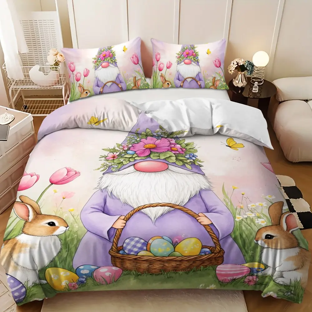 Bedding 3-piece set - 3PCS Happy Easter Purple Gnome Elf Design Down Comforter Kit1 duvet cover + 2 pillowcases, filling not included) A perfect gift for family, soft and comfortable, suitable for family bedrooms.