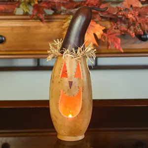 Hand-Crafted Scarecrow Head Gourd Luminary - Sawyer Medium Tall Lit