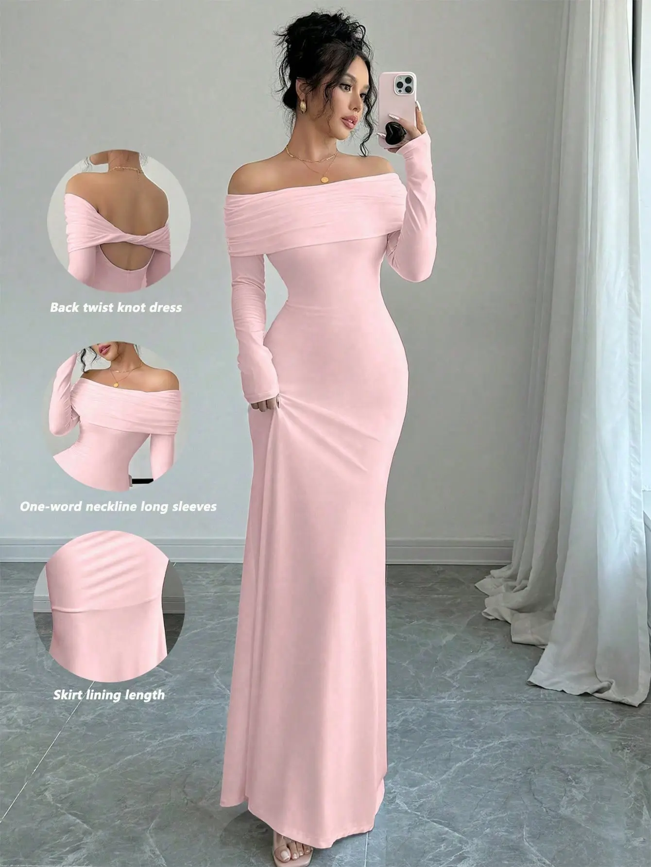 Sexy Fitted Long Sleeve Cinched Waist Double Layer Off-Shoulder Backless Twist Fishtail Hem Knit Dress, White, Autumn/Winter Maxi Women Outfit
