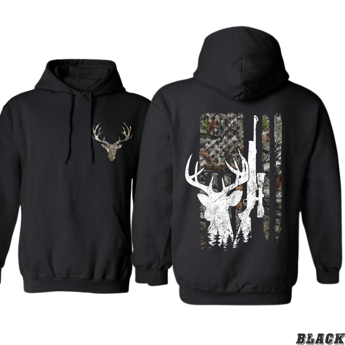 Outdoor Camo Hoodie – Deer Buck Skull with Rifle Flag Design – Perfect Hunting Sweatshirt for Men and Women in Fall and Winter