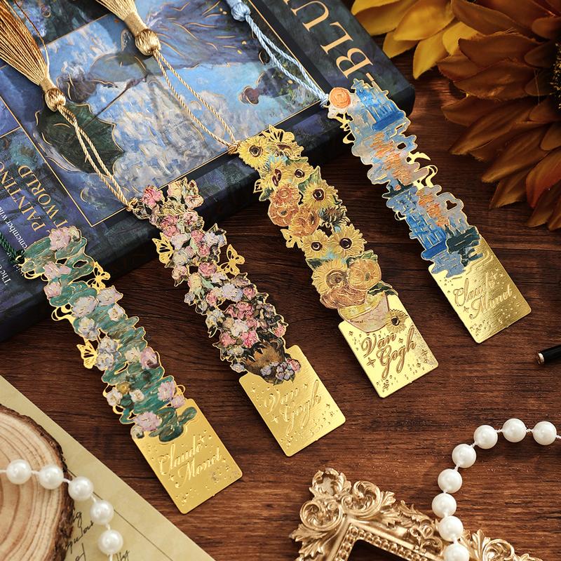 8-Piece Gold Metal Bookmark Set with Tassel, Van Gogh and Monet Famous Oil Painting  for Book Lovers, Readers, Students, Teachers,  Birthday  Gifts。 A Perfect Gift for Readers and Teachers,book accessories for home&office& school