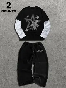 Men's High Street Style Two-Piece Set, Loose Long Sleeve T-Shirt + Straight Leg Pants, Star Print, Fall & Winter Fashion Essentials