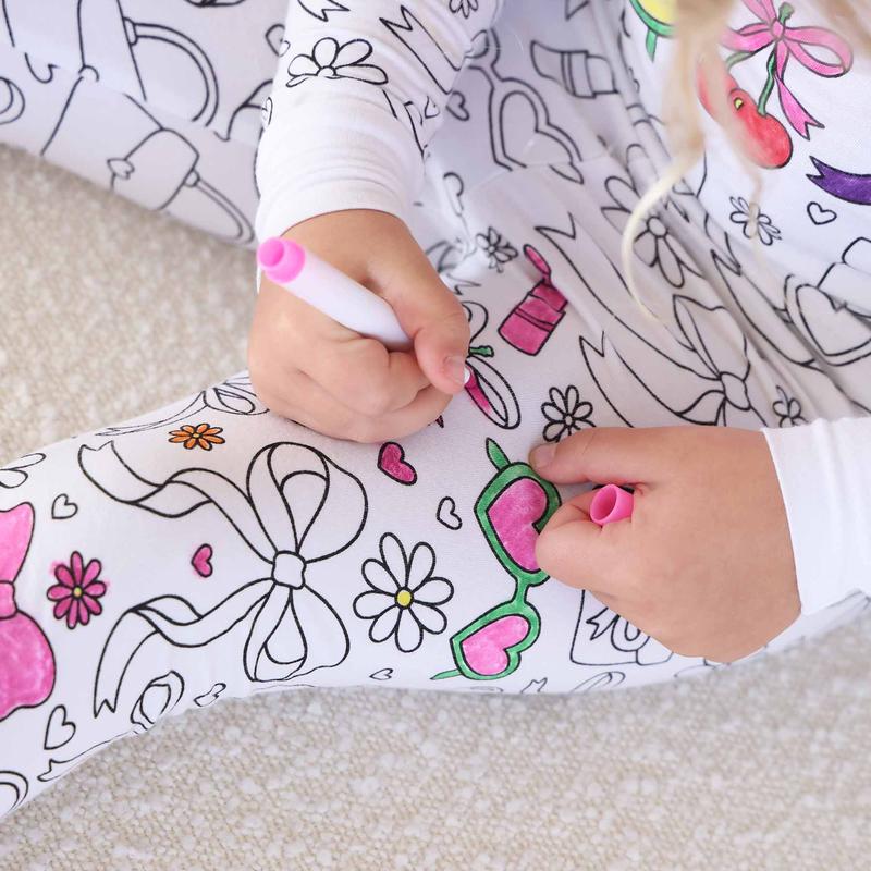Material Girl Colorable Two Piece Pajama Set with Markers 95% Bamboo Viscose 5% Spandex Breathable for Sensitive Skin True to Size with Extra Room for Growth