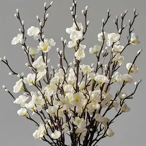 Set of 5 Artificial White Plum Blossom Branches — Lifelike Faux "White Jade" Flowers, Fake Plant Decoration, Suitable for Indoor & Outdoor Decor; Ideal for Homes, Offices, Weddings, and Parties.