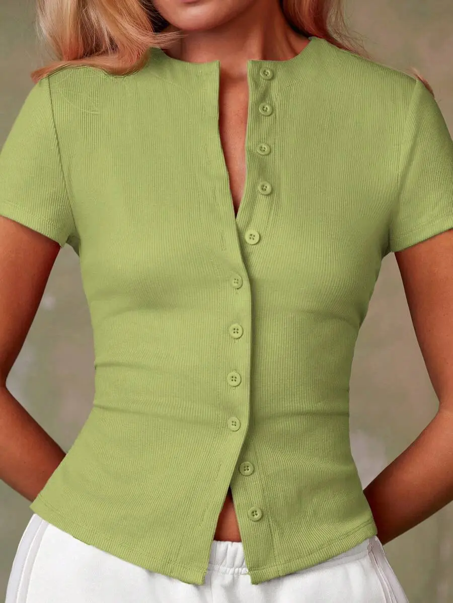 Athîral Women's Lime Green Summer Casual Elegant Brunch Shirt,Short-Sleeved Single-Breasted Ribbed Top,Fitted Button Up Blouses,Office Vacation Beach Tops