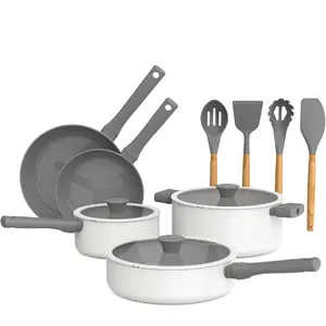 So Yummy by bella 12 Piece Cookware Set w EverGood Ceramic Nonstick Coating​ and Silicone & Wood Utensils, Dishwasher Safe Silicone & Glass Lids, Oven Safe & All Stovetop Compatible, Frost, So Yummy
