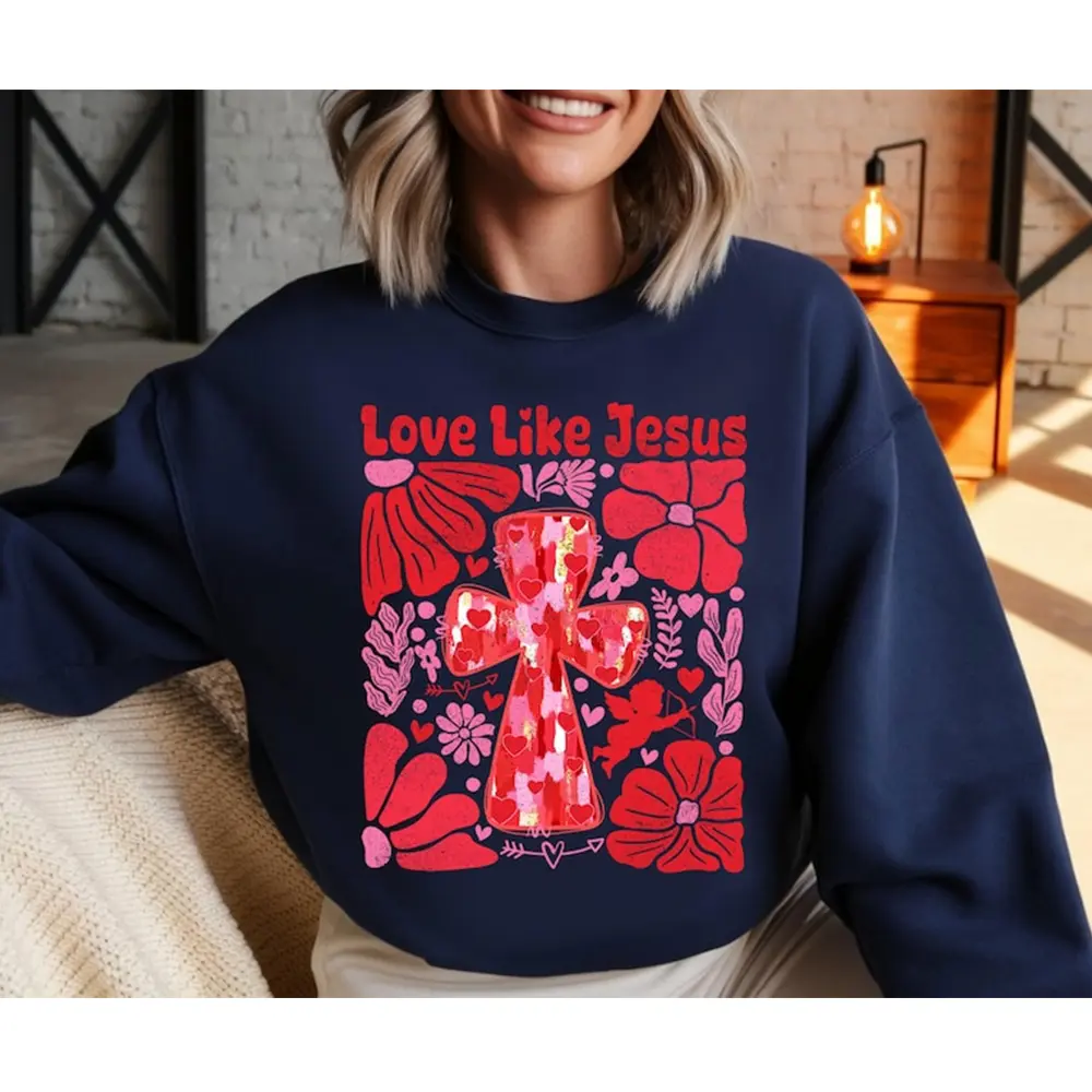 Love Like Jesus Valentine Sweatshirt, Preppy Christian Crewneck, Faith Valentine’s Day Religious Pullover