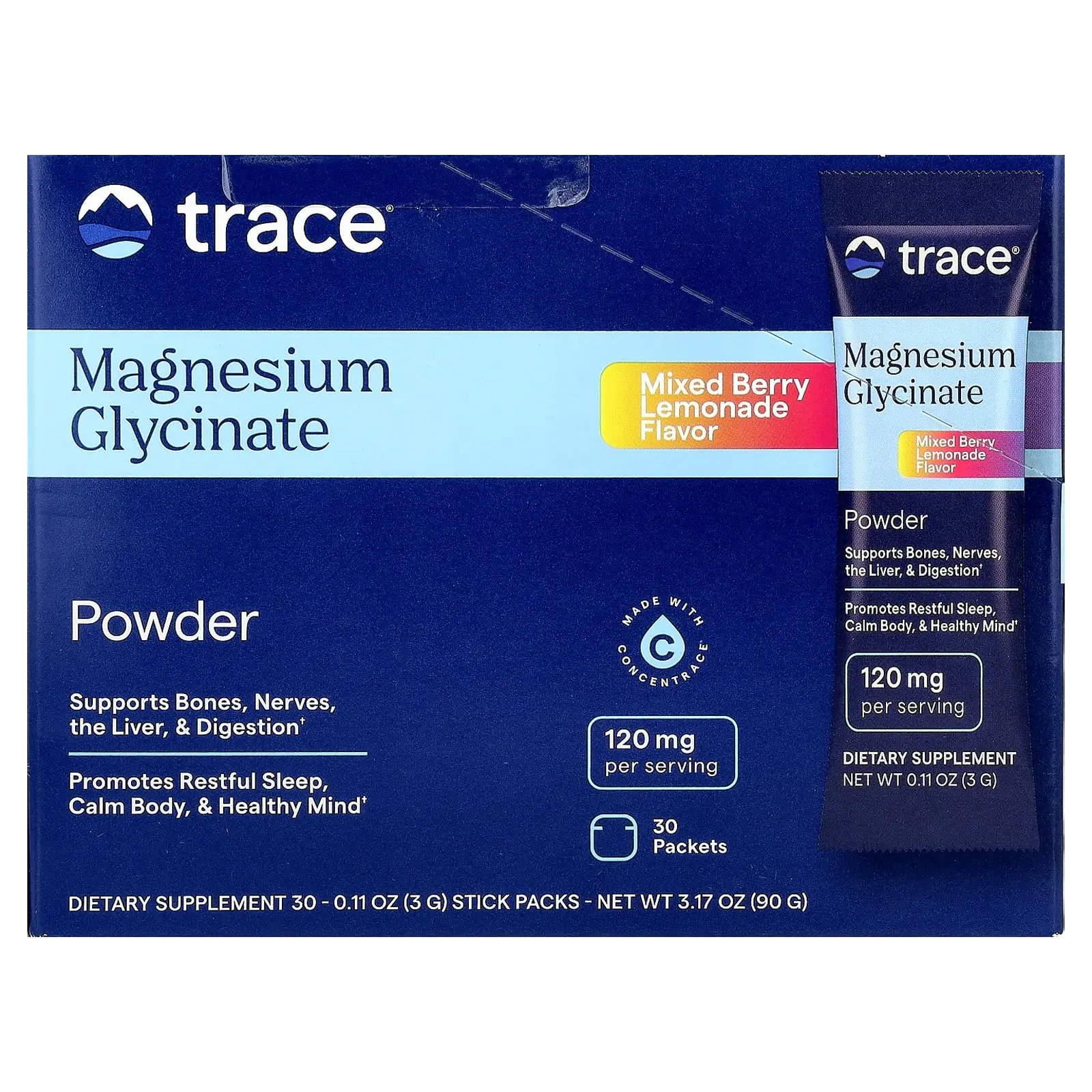 Trace Magnesium Glycinate Powder, Mixed Berry Lemonade, 30 Packets, 0.11 oz (3 g) Each