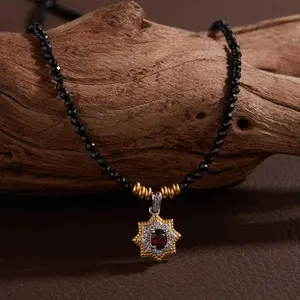 Natural Garnet Crystal Pendant Black Spinel Sterling Silver Necklace Fashion Light luxury Clavicle Chain for Women