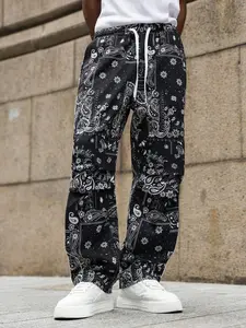 One-piece men's cargo pants with retro paisley print on red background, street-style cool and tough look, Casual, multi-pocket design, Casual Fit Drawstrings