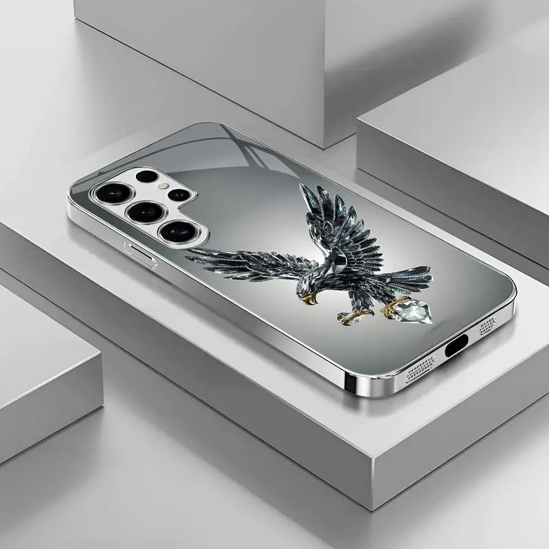 Galaxy S24 Ultra Smartphone Case - Light Luxury Crystal Eagle & Scorpion Pattern Electroplated Glass Casing, Handheld Device Protection, Exquisite Gorgeous Design