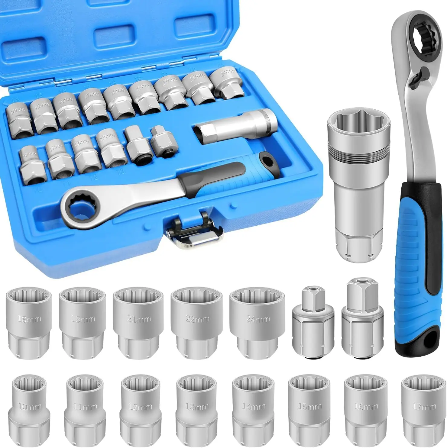 17PCS Pass Through Socket Set - Chrome Vanadium Steel Hand Tool, Cr-V & Socket Sets, Space-Saving Design, Enhanced Grip and Accessibility, Efficient Dependable Wrench Kit, Ratchet & Socket Sets