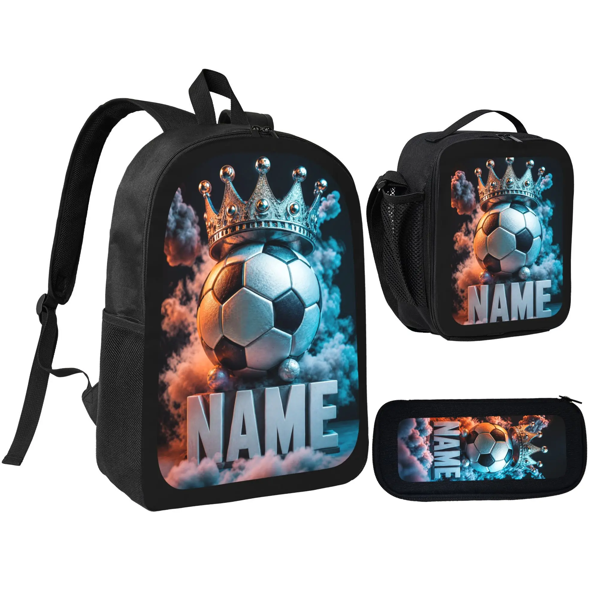 Personalized Crown Soccer Backpack Set 3 In 1, Custom Name Football School Bag + Insulated Lunch Bag + Pencil Case, 600D Oxford Sports Backpack For Boys Soccer Fans