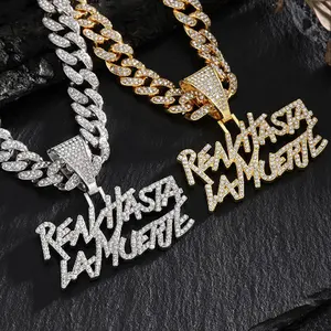 Real Hasta La Muerte Cuban autumn rapper Chain Necklace, Iced Out Letter Pendant with Cubic Zirconia, 14K Gold Plated Hip Hop Jewelry for Men, Unisex Streetwear Accessory – A Statement of Identity & Street Style