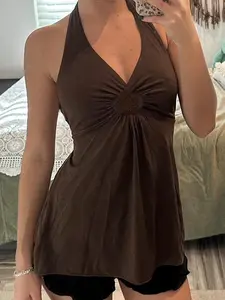 Vintage Halter Top for Women, Sleeveless A-line Tank Tops , Summer Y2K Sweetheart Solid Casual V Neck Backless Tanks, Streetwear Woman Clothing