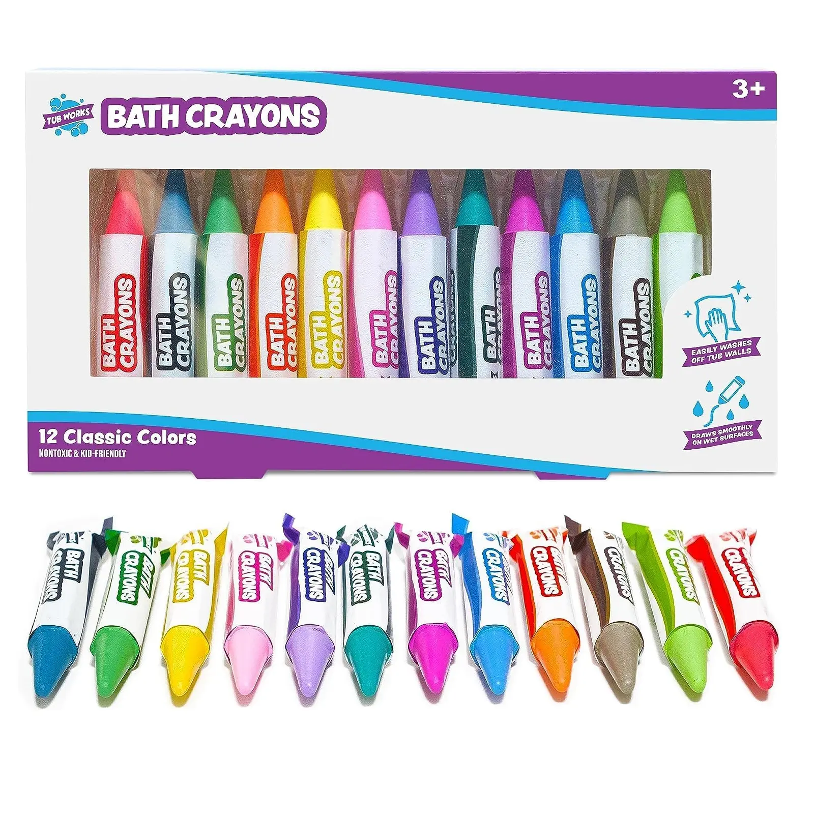 Tub Works 12-Pack Bath Crayons - Non-Toxic, Washable, Vivid Colors for Kids - Safe & Easy Grip for Wet & Dry Surfaces - Art Supplies for Kids 3+ - Colorful Marker Set