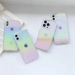Rainbow Gradient Laser Aurora Hard Phone Case For iPhone 11 12 13 14 15 Pro Max Clear Silicone Case Protector Screen Protector Cover Protective