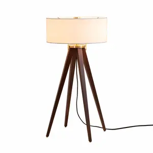 Quattro Table Lamp - Dark Walnut Wood Finish & Weathered Brass, White Linen Shade