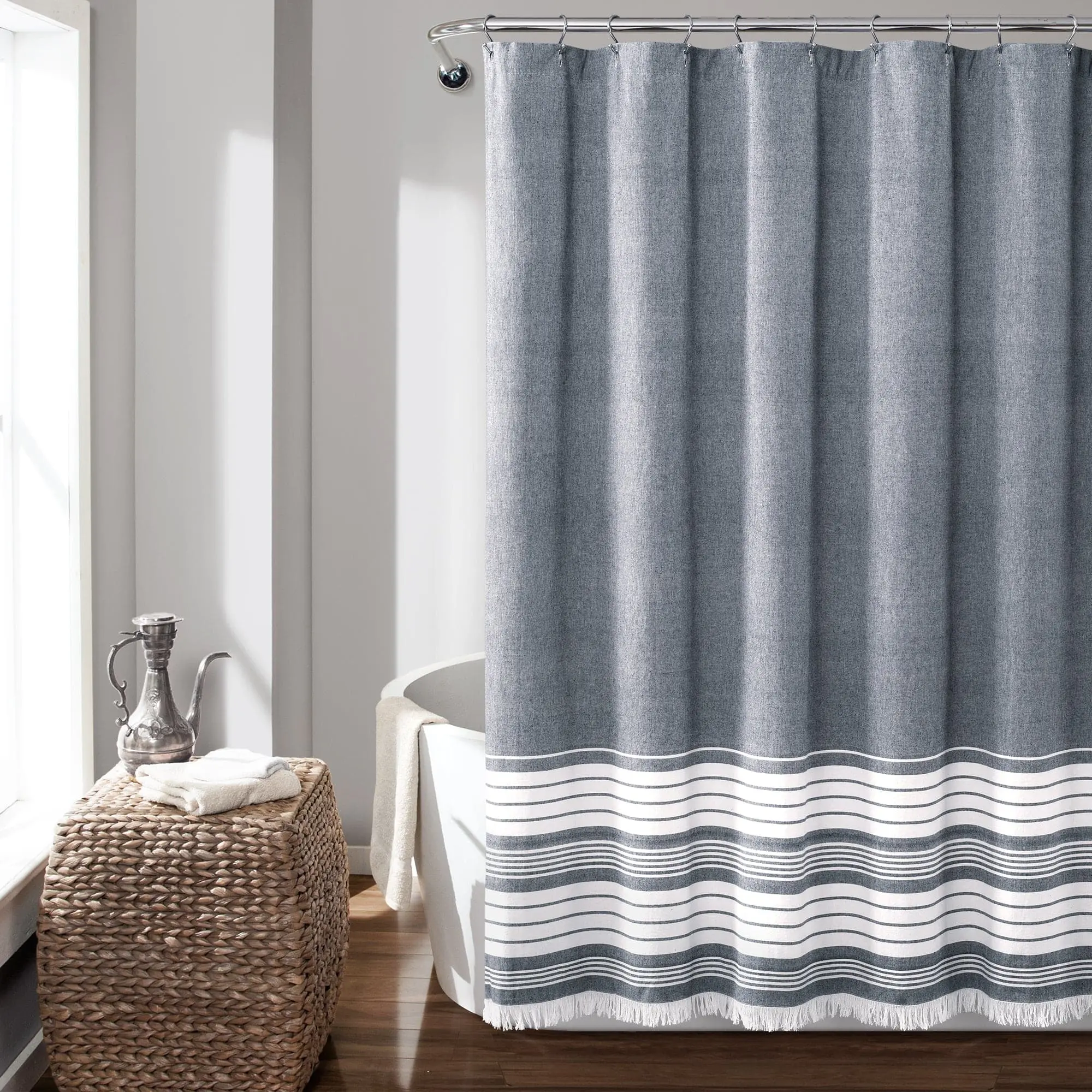 Lush Deor Nantucket Yarn Dyed Tassel Fringe Shower Curtain Cotton Blend Stripe Boho Coastal Bathroom Accessory
