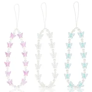 Beaded Phone Charm Strap, 3 Pcs Phone Butterflies Decoration Owala Charms Beaded Strap Lanyard Wrist Cute Keychain Aesthetic Keychain Charm for Women Girl Gifts