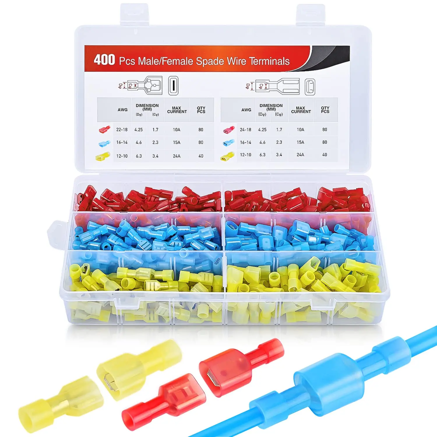 Nilight 400-Piece Nylon Spade Terminals Solderless Crimp Connectors Kit - Quick Disconnect Male-Female Insulated Electrical Wire Plugs, Crimping Terminals, High-Quality Wiring Kit for Home Improvement Electrical Supplies, Quick Connect Kit