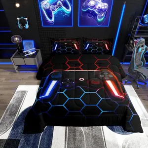Gamer Bedding Sets,Gaming Comforter Sets,Modern Neon Light Game Console Down Alternative Comforter,Honeycomb Hexagon Quilted Duvet
