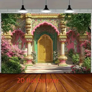 2D Flat Banner, Indian Art Background, Archway with Flowers, Elegant Polyester Fabric, Wedding Party Cultural Events Decor, Wedding Party Backdrop
