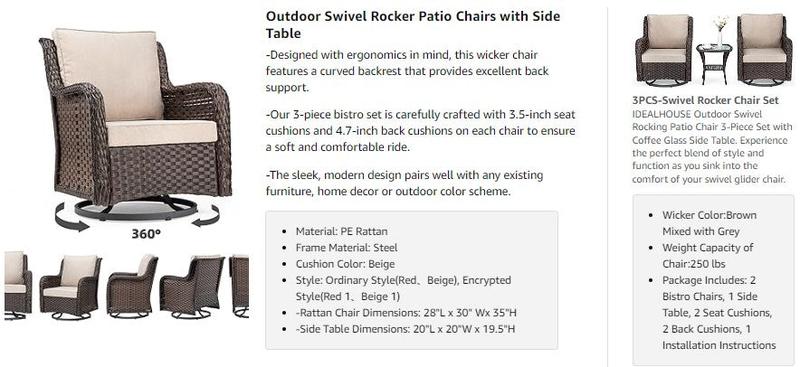 GARVEE 3 Pieces Rattan Swivel Rocking Chair Outdoor, Patio Bistro Conversation Furniture Set, Wicker Chair with Cushions and Table GARVEE 3 Pieces Rattan Swivel Rocking Chair Outdoor, Patio Bistro Conversation Furniture Set, Wicker Chair with Cushions and Table