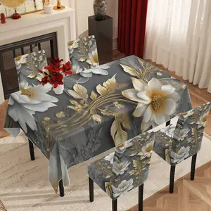 5pcs/7pcs Tablecloth & Chair Cover Set, Luxury Gray Tone Golden Leaf Floral Printed Tablecloth Chair Cover Combo, Stretch Chair Slipcover for Dining Decoration, Marble Pattern, Perfect for Dining Room/Kitchen/Banquet, 2D Flat Printing