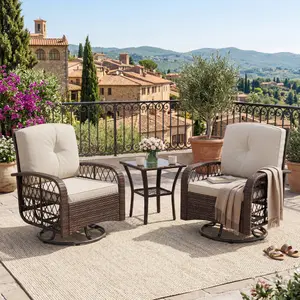 3 Pieces Patio Furniture Set, Outdoor Swivel Glider Rocker Set w/Washable Cushion and Tempered Glass Tabletop, Conversation Furniture for Deck Porch Balcony Backyard Garden