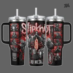 Slipknot Nu Metal Band 40oz Insulated Tumbler with Handle Straw | Stainless Steel Travel Mug Heavy Rock Music Graphic Print Core Mask Gym Water Bottle Car Friendly Coffee Cup Gift Unisex
