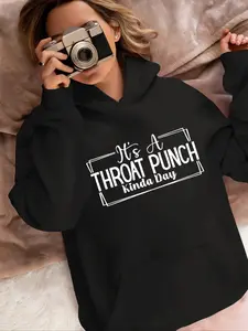 Throat Punch Printed Hoodie, Casual Pocket Knit Pullover Long Sleeve Sweatshirt, Loose Fit, Fall & Winter Fashion, Comfortable Streetwear for Men