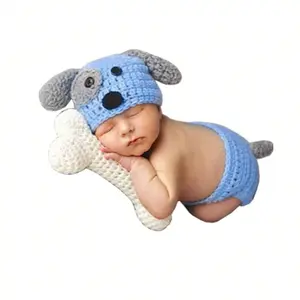 Newborn Photography Props, 1 Set Cute Dog Design Crochet Knitted Outfit with Bone, Photography Props for Baby Boys & Girls