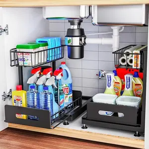 Under Sink Organizer And Storage,Pull Out Cabinet Organizer,2-Tier Slide Out Kitchen Basket Sink Shelf Cabinet Organizers,Adjustable L Shape Under Counter Organizers For Bathroom Kitchen Organization