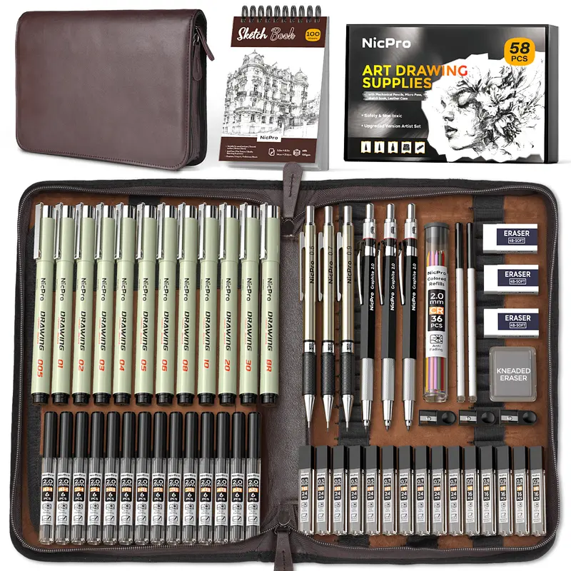 Nicpro 58 PCS Portable Mechanical Pencil Set - Compact Metal Precision Art Crafting Assortment Kit in Leather Case, Graphite Drafting Pencils (0.5,0.7,0.9,2mm), 12 Micron Pens, 30 Lead Refills, Sketchbook Incl., Office Stationery, Teen Boy Gift Set