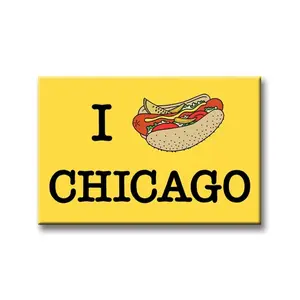 Chicago Hotdog Magnet - Yellow Design with "I CHICAGO" Text, Ideal for Decor and Gift Giving