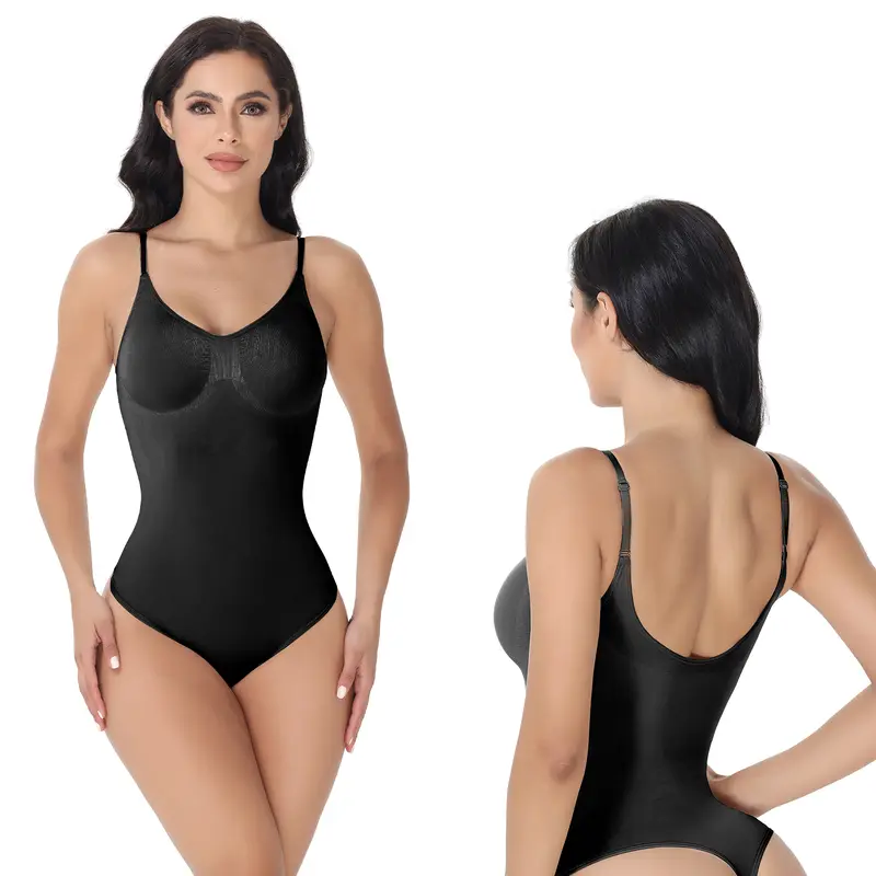 Soo Slick Women's 1 Piece Black Nylon-Blend Fabric Bodysuit Shapewear - Low Waist, Low Back, Square Neck, Tummy Control, Seamless 360° Slimming, Thong, Lightweight Spandex Compression, Soft, Breathable, Plus Sizes, Fit Design, Great Under Dresses & Jeans