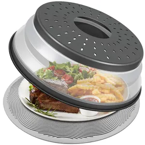 10 Inch Microwave Food Cover and Collapsible Silicone Mat - Splatter Guard, Plate Holder, Kitchen Colander for Meal Prep, Charcoal