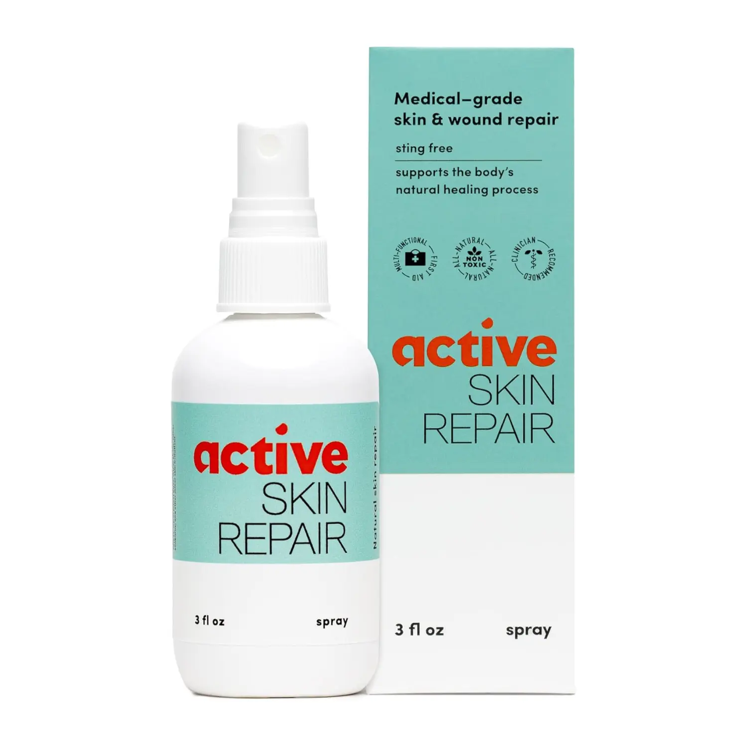 Active Skin Repair First Aid Skin Healing Spray - Natural Non-Toxic Medical-Grade Spray with Hypochlorus Acid for Minor Cuts, Wounds, Scrapes, Rashes, Sunburns, & More, 3 oz