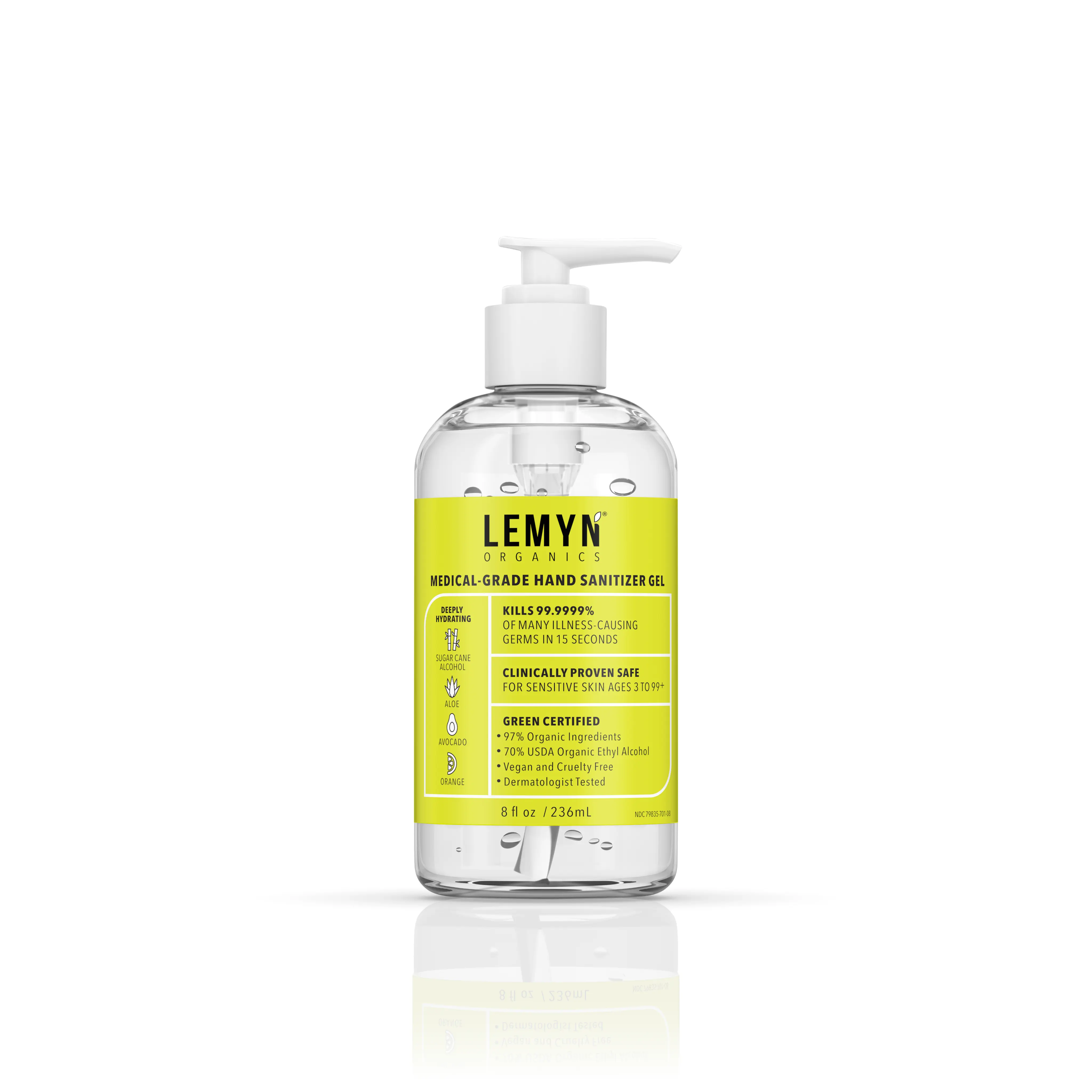Lemyn Organics Hand Sanitizer | Green Certified & Medical Grade | 236ml - 8 Fl Oz with Pump