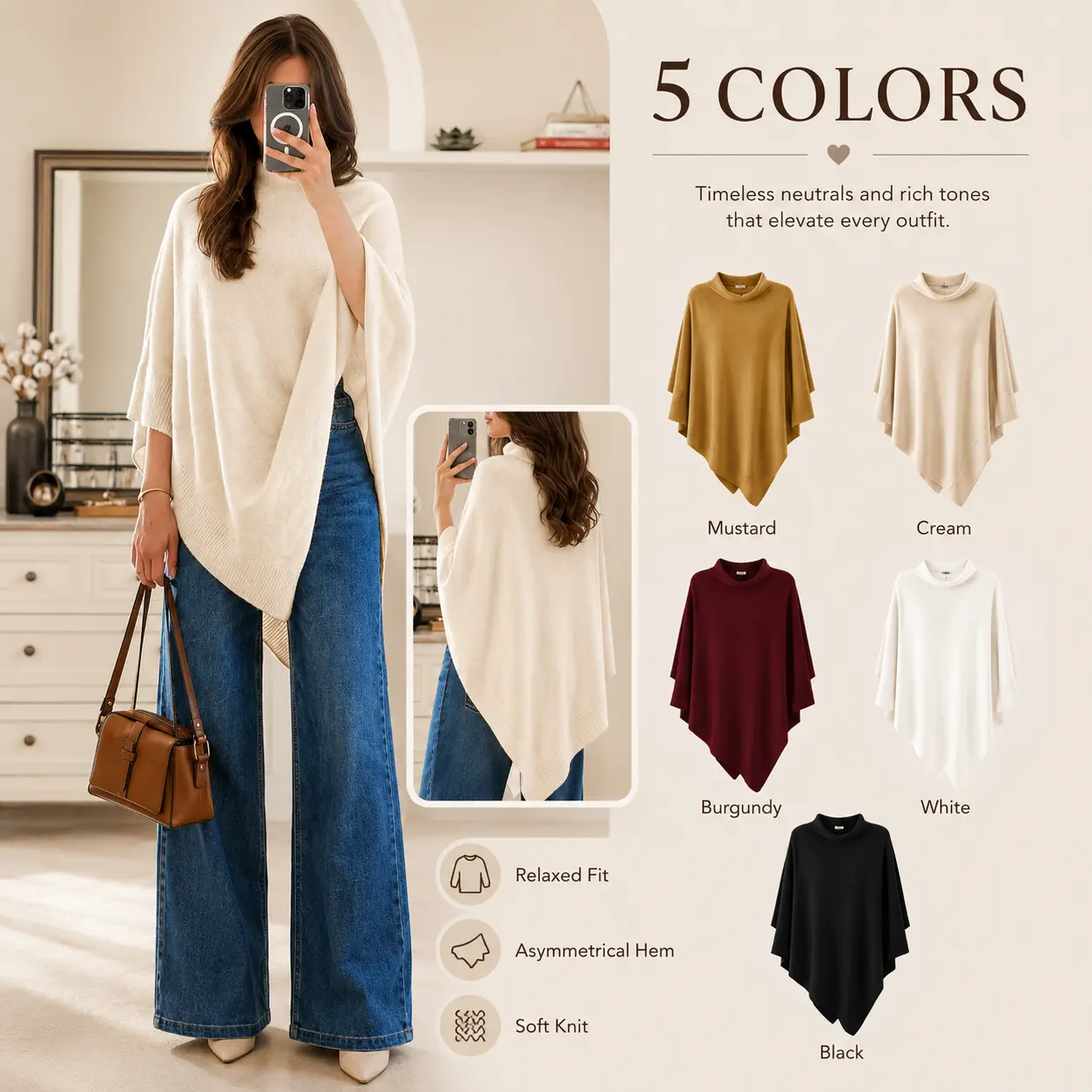 Women Mock Neck Batwing Knit Poncho Top, Loose Asymmetric Irregular Hem Cape Sweater, Soft Knit Pullover, 5 Colors Available