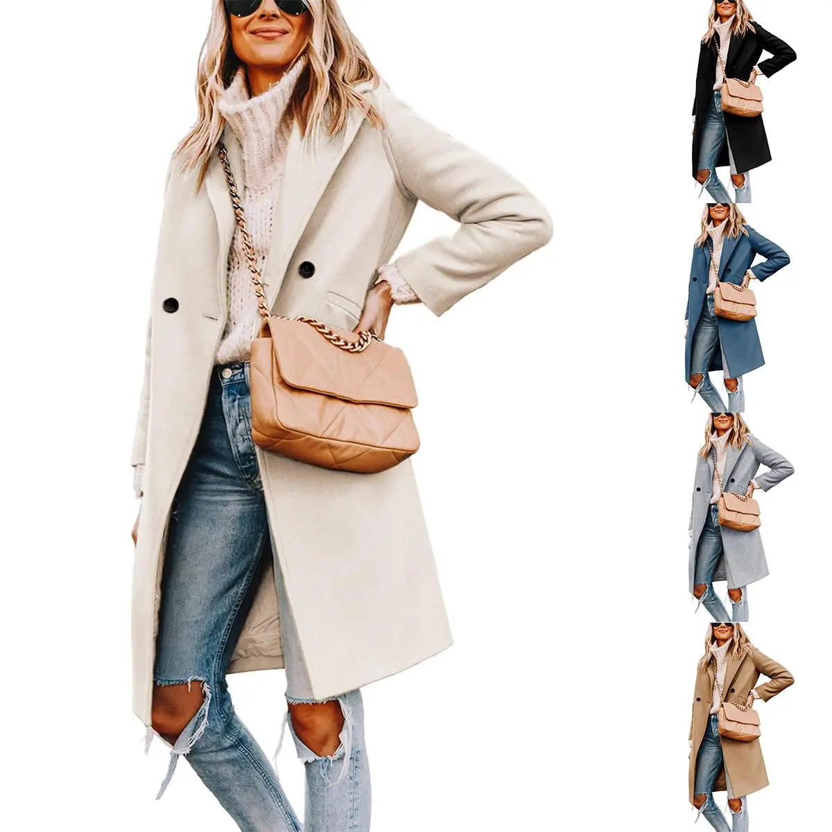 JovenPara Women's Notch Lapel Double Breasted Wool Blend Mid Long Pea Trench Coat