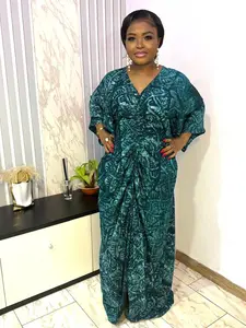 Batik Adire Maxi Dress, Hand-Dyed African Print Kaftan BuBu One Size Fabric Ready to wear BooBoo Green White Ruffle V Neckline Teal Leaf Three-Quarter Sleeves