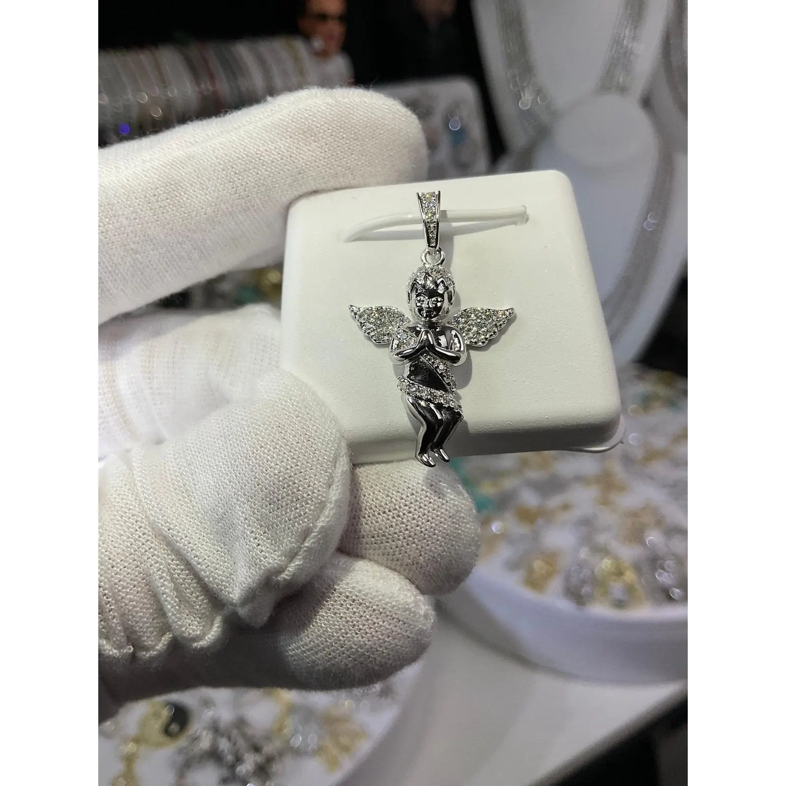 Sterling Silver Moissanite Cherub-Praying Angel Jewelry Pendant, Religious Spiritual Pendants Necklaces for Women