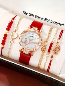 Elegant 6pcs Women's Quartz Watch & Red Stackable Bracelet Set - Perfect Gift for Valentine's, Easter, Halloween, Ramadan ﻿